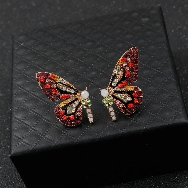 Color Butterfly Wing Earrings 925 Silver Needle Inlaid Rhinestone Personality Earrings Girl Student Earrings Jewelry