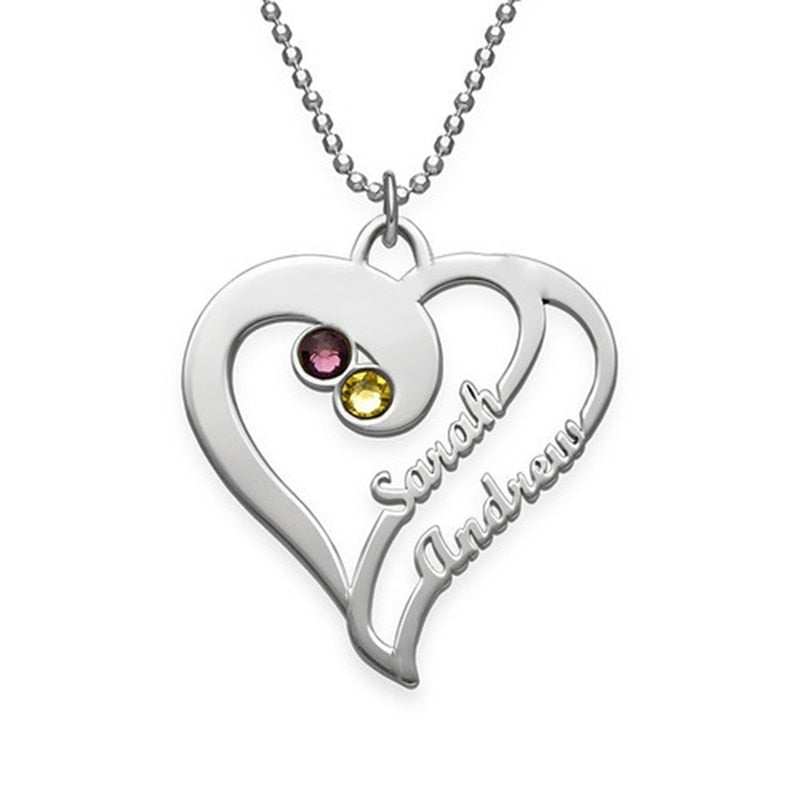 Personalized 2 Names and Birthday Stone Love Heart Necklace Stainless Steel Jewelry Couple&#39;s Necklaces Sister Gift