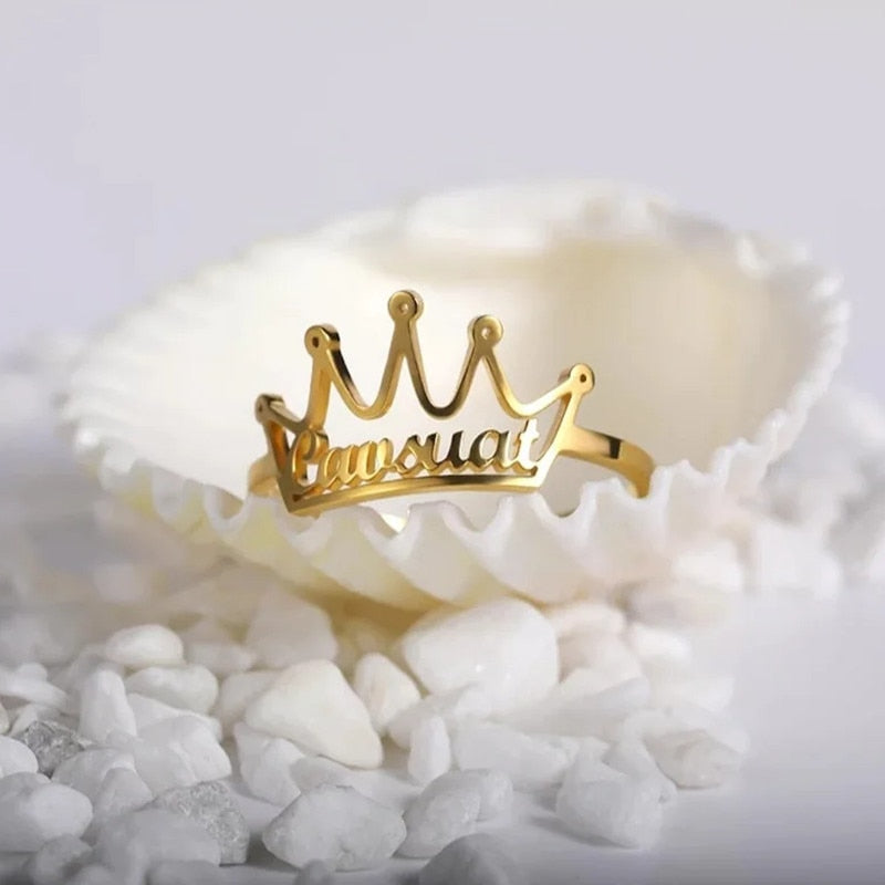 Personalized Name Ring Stainless Steel Adjustable Hollow Crown Custom Nameplate Ring Jewelry Memorial Gift For Women