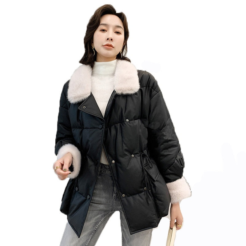 Abrigo de ante de piel de oveja de lujo, plumón de pato, cuello de piel de visón, puño, traje de invierno para mujer LF21024BM