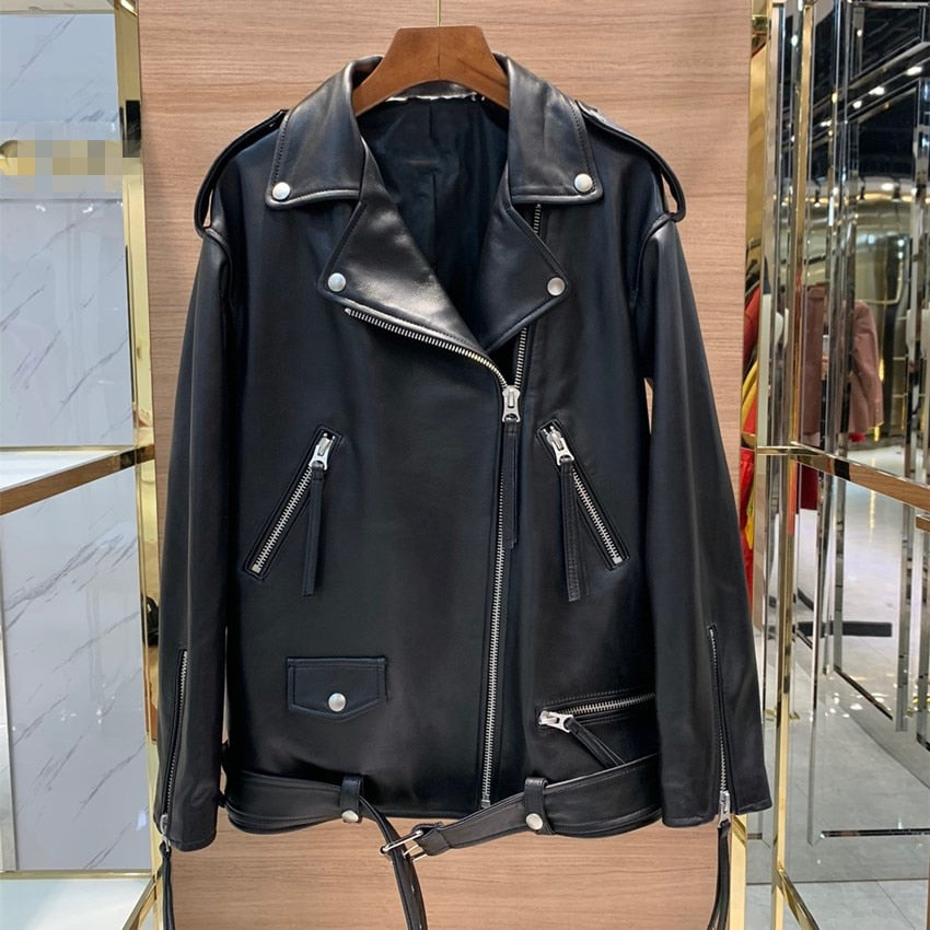Natural Leather Women Lambskin Leather Bomber Biker Jacket Long Sleeves 100% Sheepskin Leather Coat