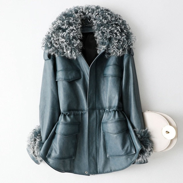 Genuine Sheepskin Leather Suede Jacket Duck Down Lingning Lamb Fur Collar Cuff  Winter Women Coat Suit  LF2085