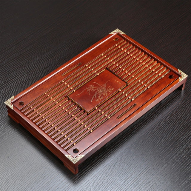 Bandejas de puer de madera natural para servir mesa de té (43*28*5,5 cm) almacenamiento de agua de drenaje de té de Kung fu chino para té negro o oolong