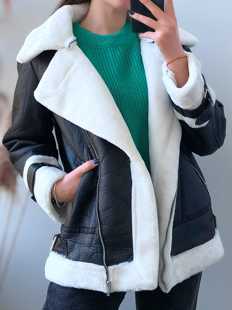 Coat Women Pu Faux Soft Leather Black White Sheepskin Fur Jacket Female Aviator Outwear Casaco Feminino