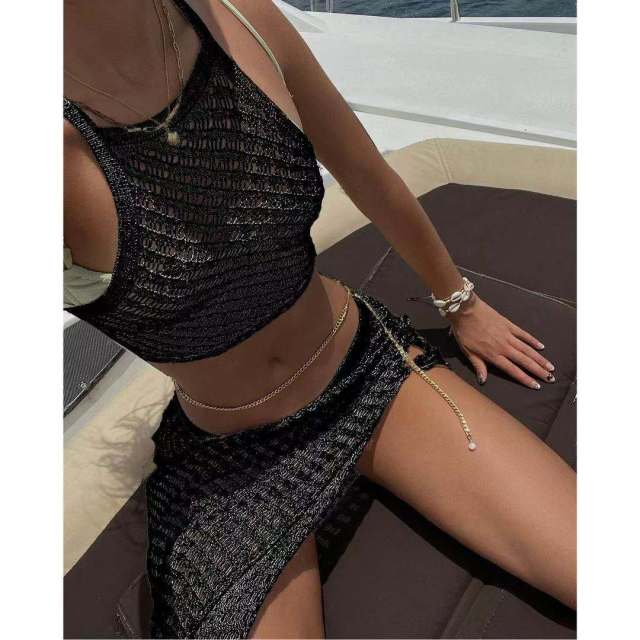Women Bathing Suit Cover up for Beach Pool Swimwear See Through 2 Piece Outfits Bandeau Top Long Skirt Set Crochet Dress