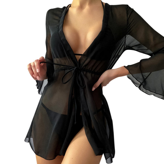 Black Solid Pom Sheer Lace Up Cover Ups for Women Sexy Sheer Mesh Cover Up Shorts Beach Cover-Up Beach Wrap Bikini Wraps