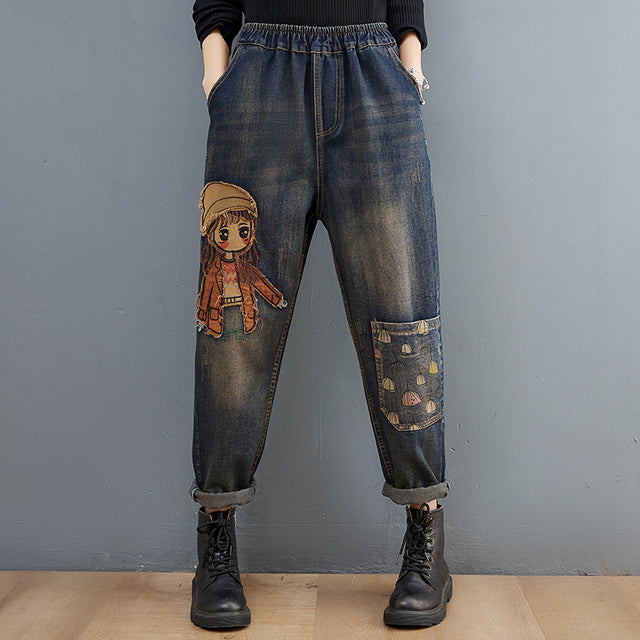 Cartoon-Wurf-Mädchen-Stickerei-Denim-Hosen für Frauen-Loch-beiläufige hohe Taillen-Reithosen-Taschen-Mama-Harem-blaue Jeans