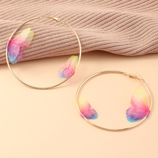 Schöne doppelte Schmetterlings-Ohrringe Frühlings-Sommer-Mädchen-mehrfarbiger großer runder Kreis-Goldcreolen-Ohrring-Schmucksachen für Frauen