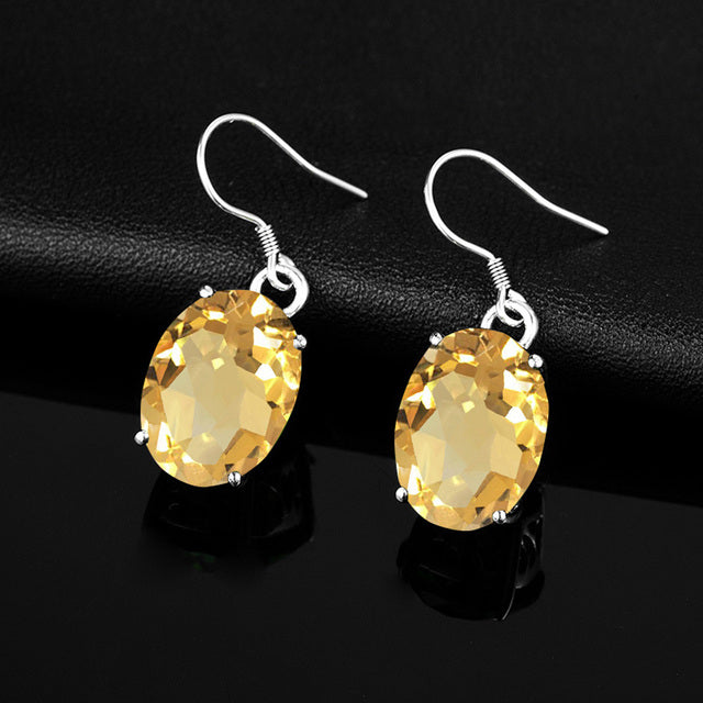 14K Gold Plated 925 Sterling Silver Earrings Woman Dangle Drop Earrings Gemstone Citrine Egg Shape 4 Prongs Hook Jewelry