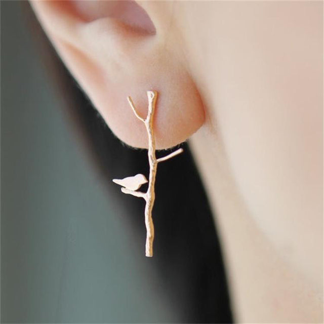 Romantic Branch Bird Metal Ear Post Stud Earrings Gold Silver Color Zinc Alloy Women Jewelry Gift  1 Pair
