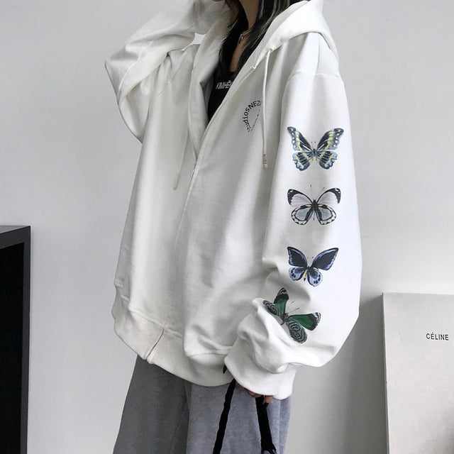 Animal Print Zip Up Hoodies Women Harajuku Streetwear Korean Hooded Sweatshirt White Tops Clothes Y2k
