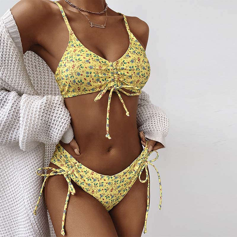 New Summer Small Floral Drawstring Sexy Split Ladies Bikini Yellow Flower Maillot De Bain Femme Swimwear Swimsuit