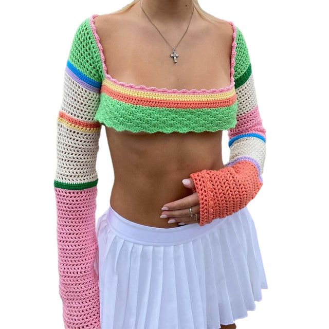 Crop Tops Sexy de punto de ganchillo suéteres mujeres verano otoño manga larga cuello cuadrado Casual suéter suelto ropa de calle