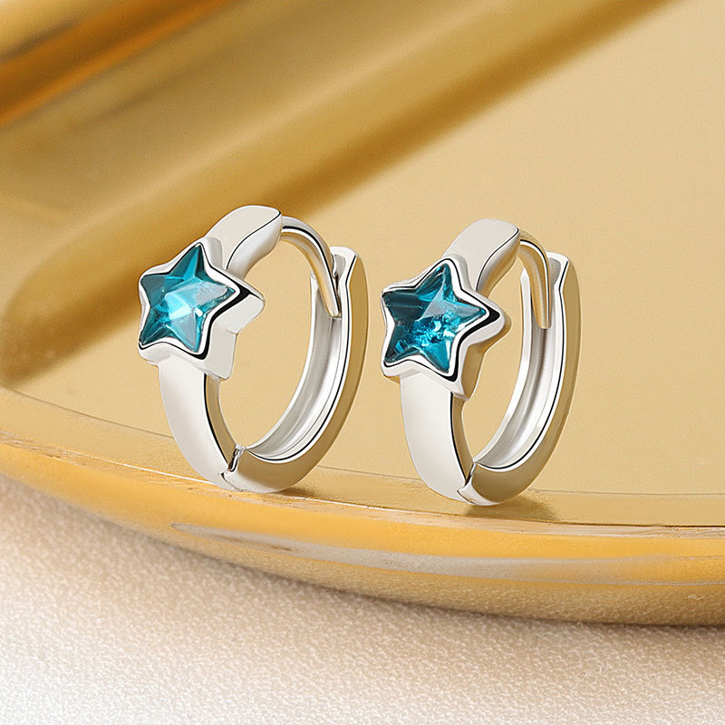 925 Sterling Silver Geometric Blue Star Zircon Ear Buckle Temperament Women Gold Retro Elegant Love Earrings Gift