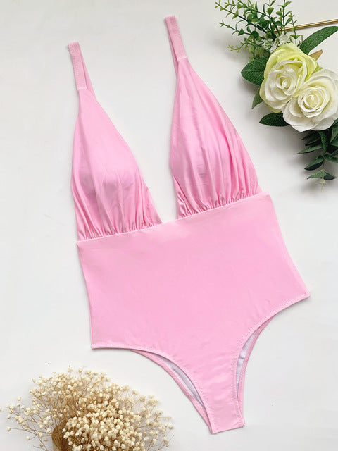 Pink Sexy Wrinkle Deep V Neck Swimwear Women One Piece Swimsuit Backless Monokini Beach Wear Bathing Suit 8955