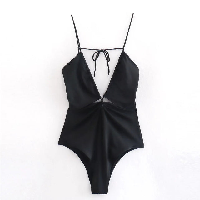 Deep V Neck Tie Up Halter Sexy Black Bodysuit Swimwear One Piece Bodycon Skinny Sleeveless Bodysuit