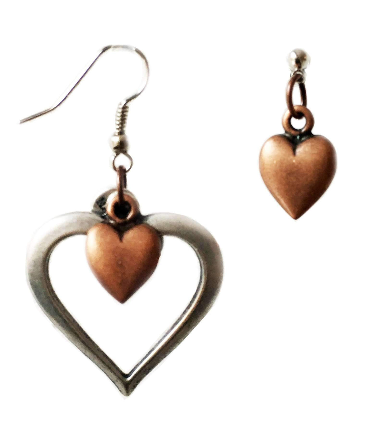 Heart cluster earrings in brass and silver. Perfect for valentines